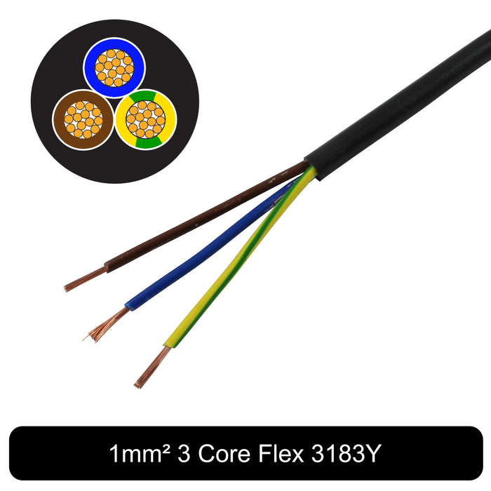 3 Core Black Flexible PVC Mains Cable – 1.0mm², 10 Amp, 240V