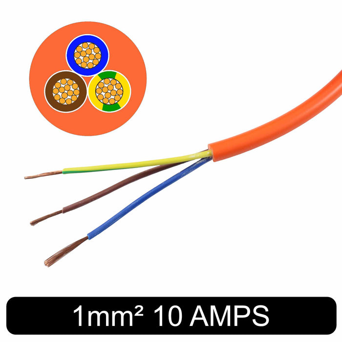 3 Core Orange Flexible PVC Mains Cable – 1.0mm², 10 Amp, 240V