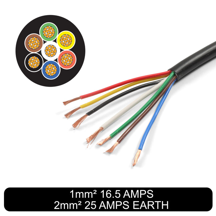 Thin Wall 7 Core Cable 1.0mm² (2.0mm²  Heavy Earth) (16.5 AMPS, 25 AMPS Earth)