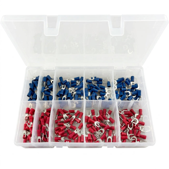 300pc Automotive Fork Crimp Terminals Assorted Set – Red & Blue Insulated Electrical Wire Connectors 3.2–6.4mm
